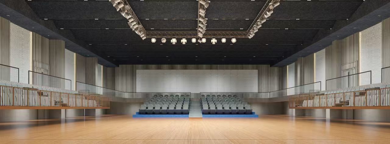 HIS International School Auditorium Acoustic Treatment Study Explore a theater acoustic treatment project in Bangladesh using grooved wood, upholstered, and suspended polyester fiber acoustic panels for reverberation control and acoustic comfort.