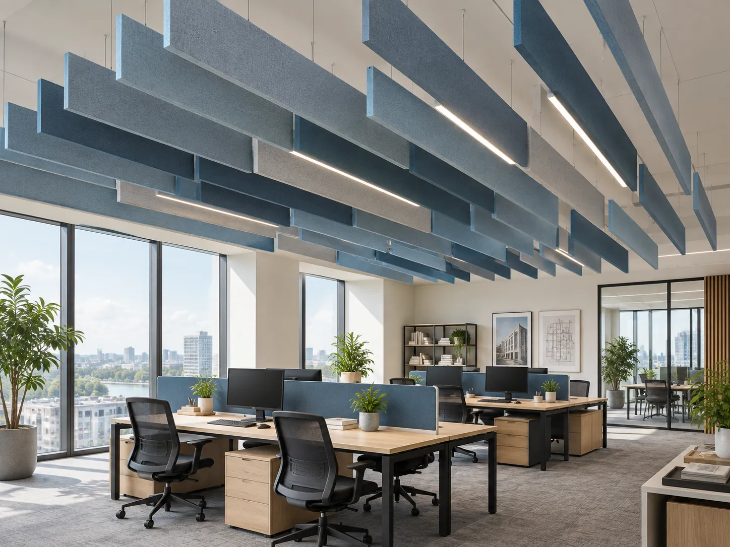 Fabric acoustic ceiling baffles for commercial interiors