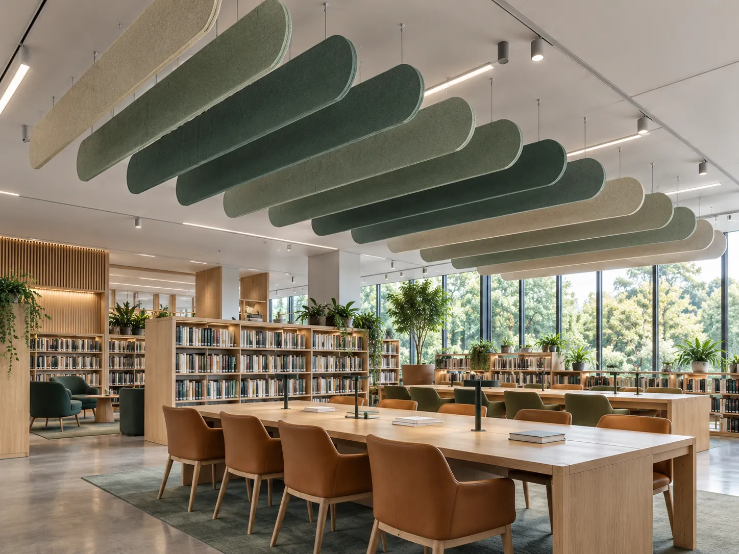 Custom acoustic ceiling baffles with cable suspension