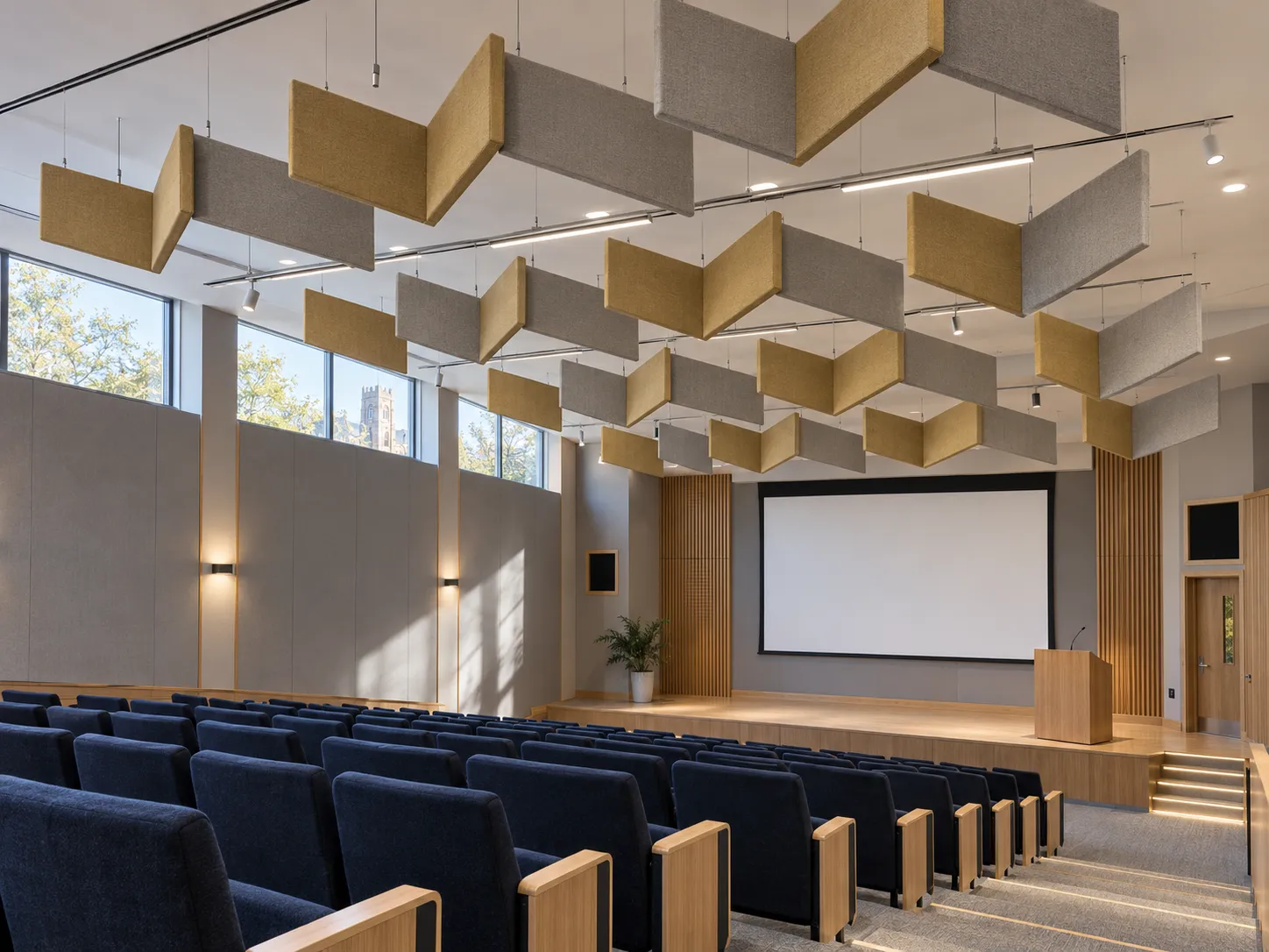 Fabric acoustic baffles in different colors and sizes