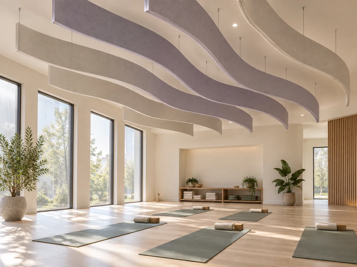 Fabric wrapped acoustic ceiling baffle surface detail