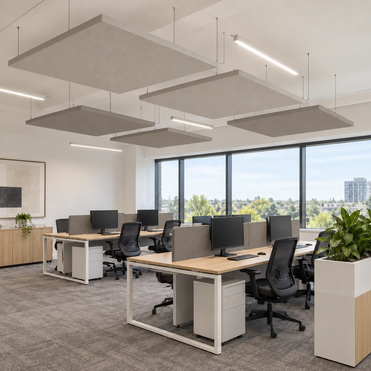 Fiberglass acoustic wall panels installed in office