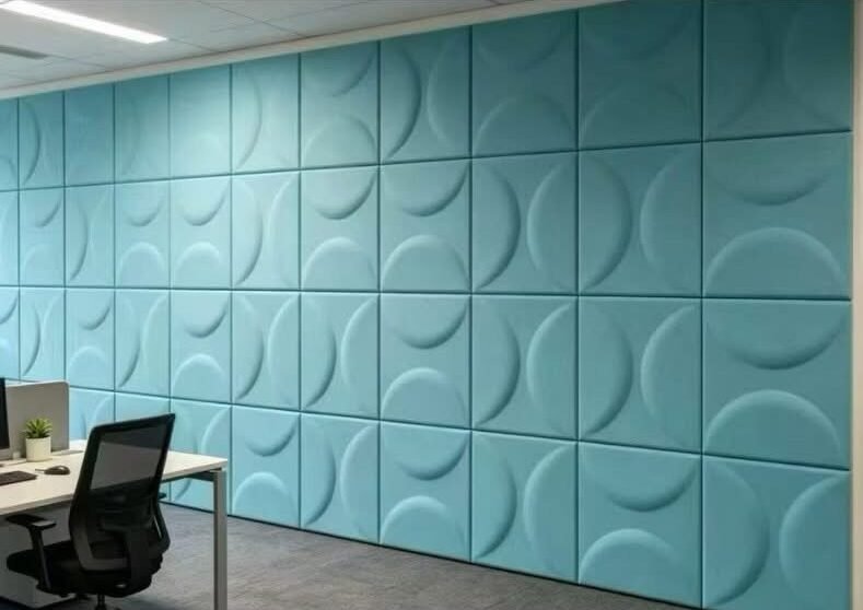 Geometric 3D acoustic wall panels in office interior